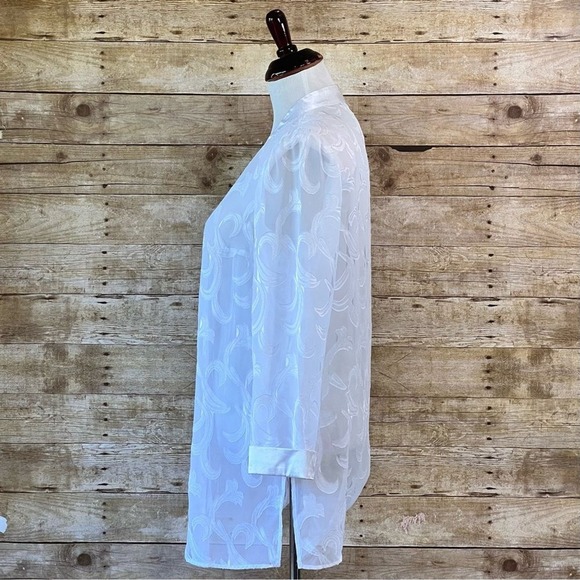 Dana Kay Womens White Sheer Burnout Scroll Open Front Jacket Satin Trim 14W 5149 - Picture 6 of 7